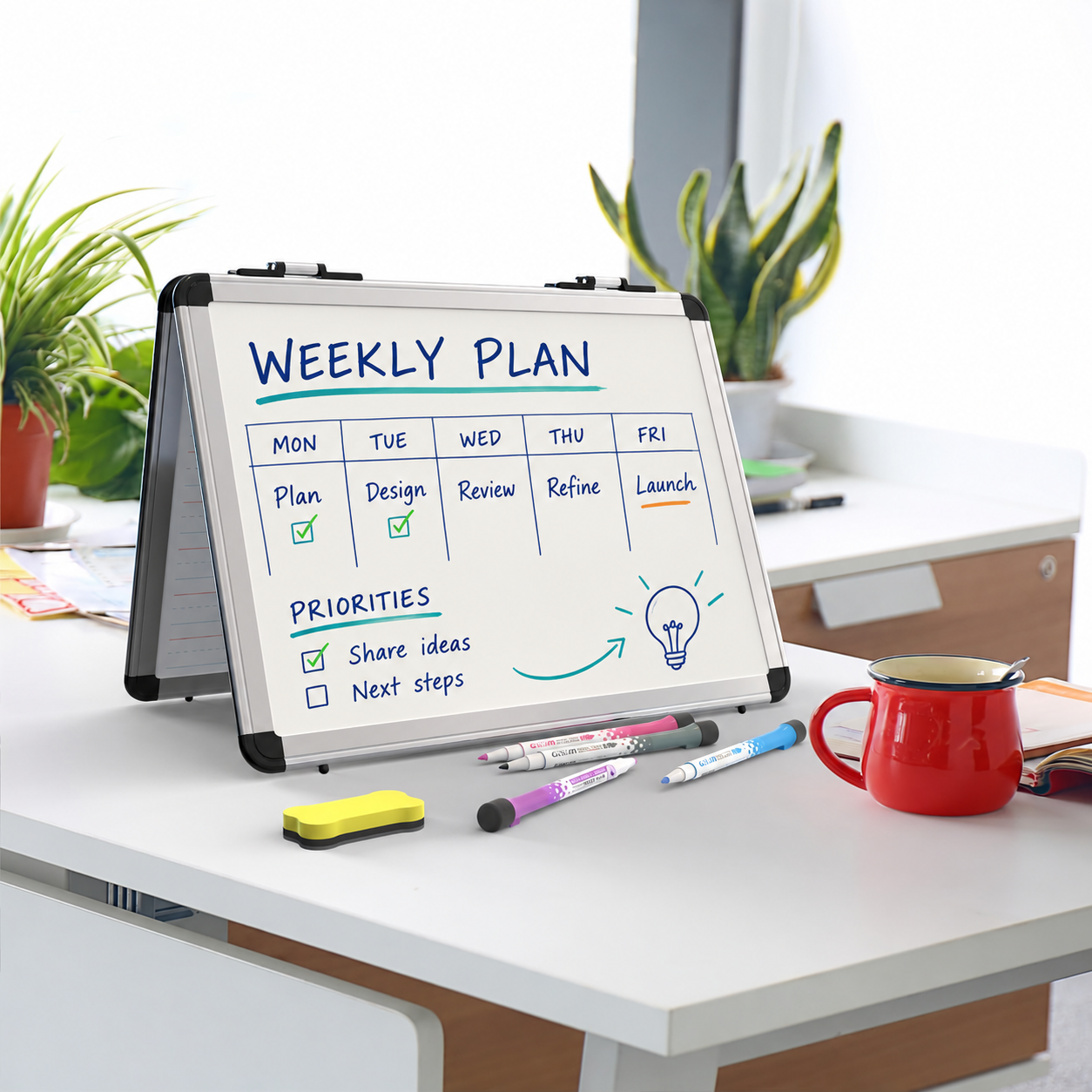 ALSMER silver four-sided whiteboard with an illustrative hand-drawn weekly planner on its blank writing face